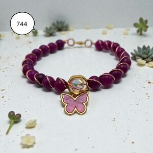 Purple Beaded Butterfly Charm Bracelet with Crystal Accent